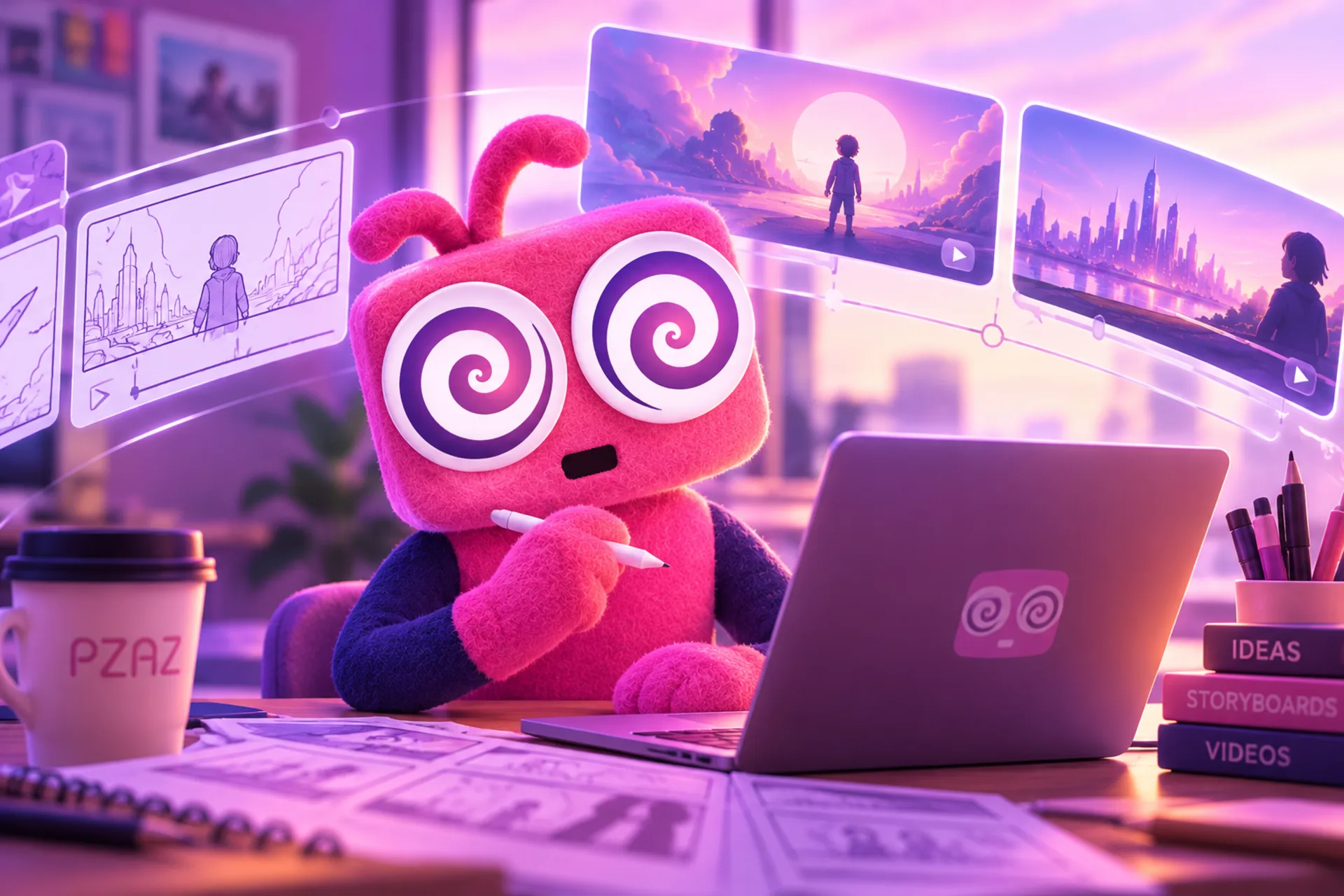 The pink Pzaz mascot sketching storyboards at a desk surrounded by floating storyboard panels