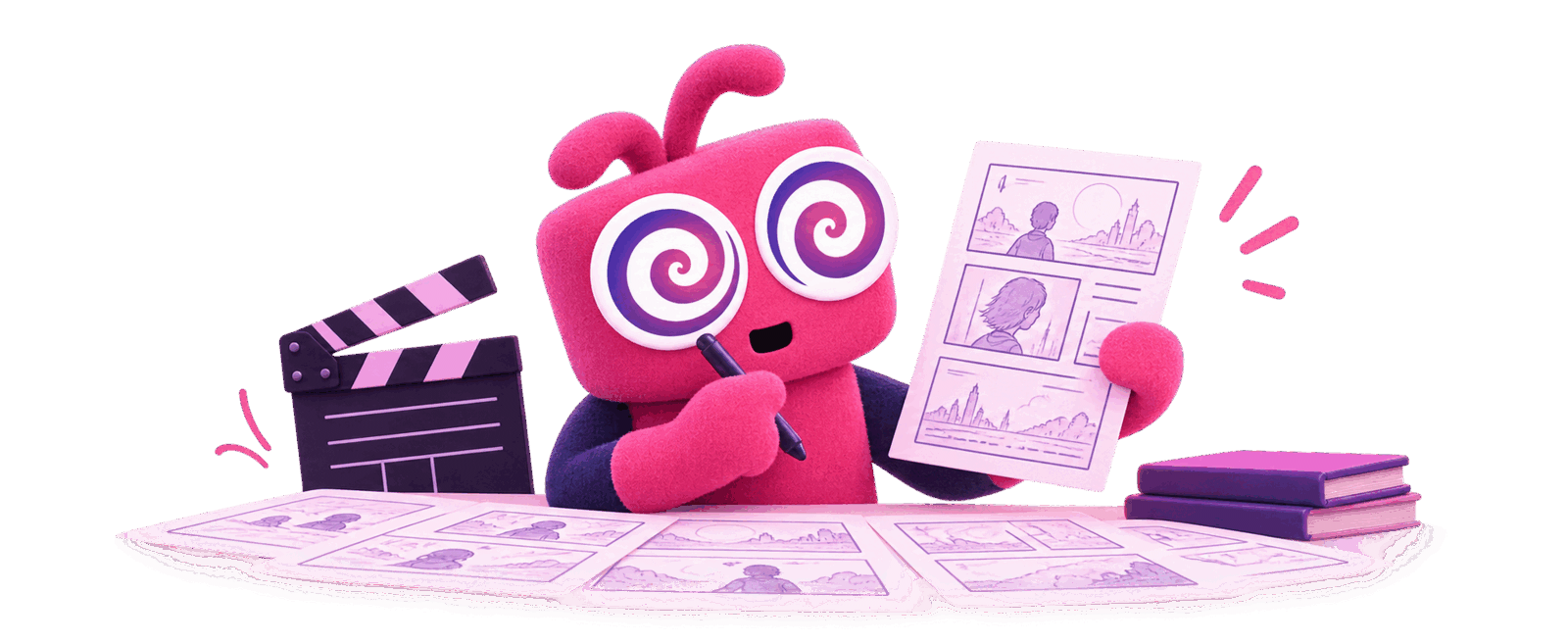The Pzaz mascot Hypno with spiral eyes at a desk covered in storyboard sketches, holding up a finished storyboard page beside a film clapperboard and books