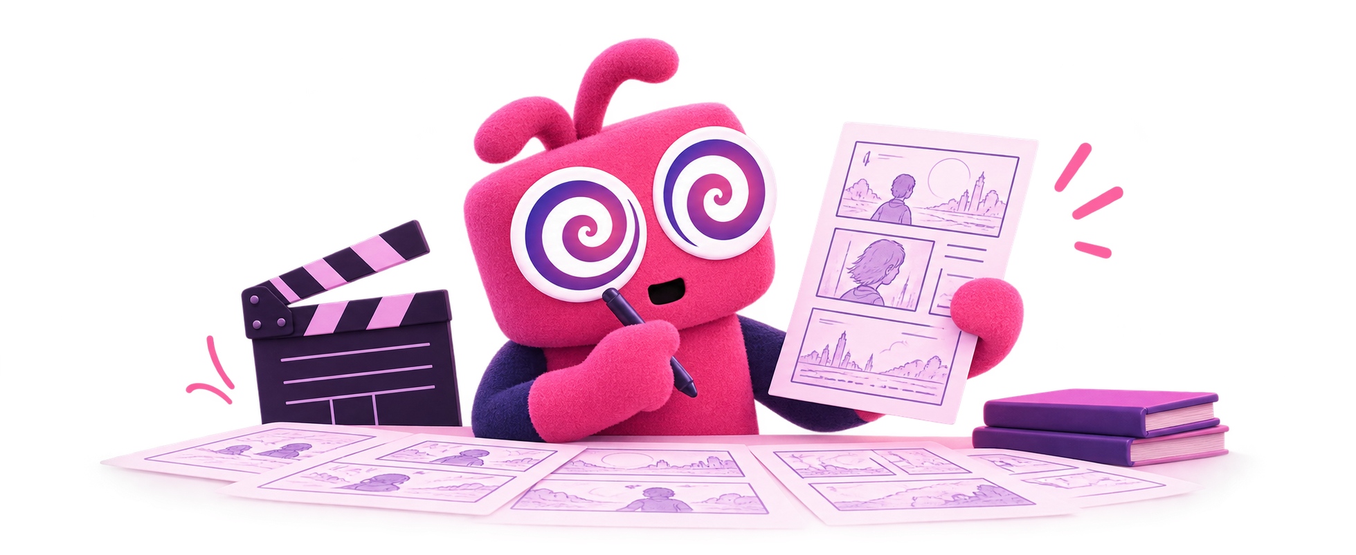 The Pzaz mascot Hypno with spiral eyes at a desk covered in storyboard sketches, holding up a finished storyboard page beside a film clapperboard and books
