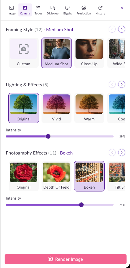 Pzaz Camera Control interface refining framing style, lighting and photography effects before rendering a shot