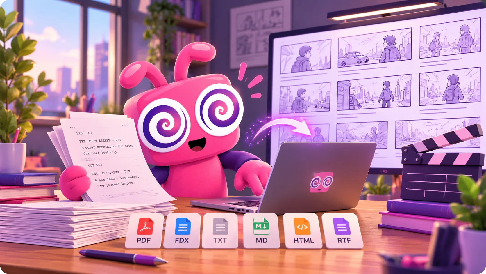 The Pzaz mascot Hypno holding a screenplay at a laptop, turning it into storyboard panels on a big screen, with PDF, FDX, TXT, MD, HTML and RTF format cards on the desk.