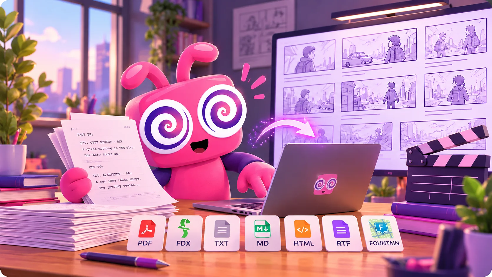 The Pzaz mascot Hypno at a laptop turning a screenplay into storyboard panels on a big screen, with PDF, FDX, TXT, MD, HTML, RTF and Fountain format cards on the desk.