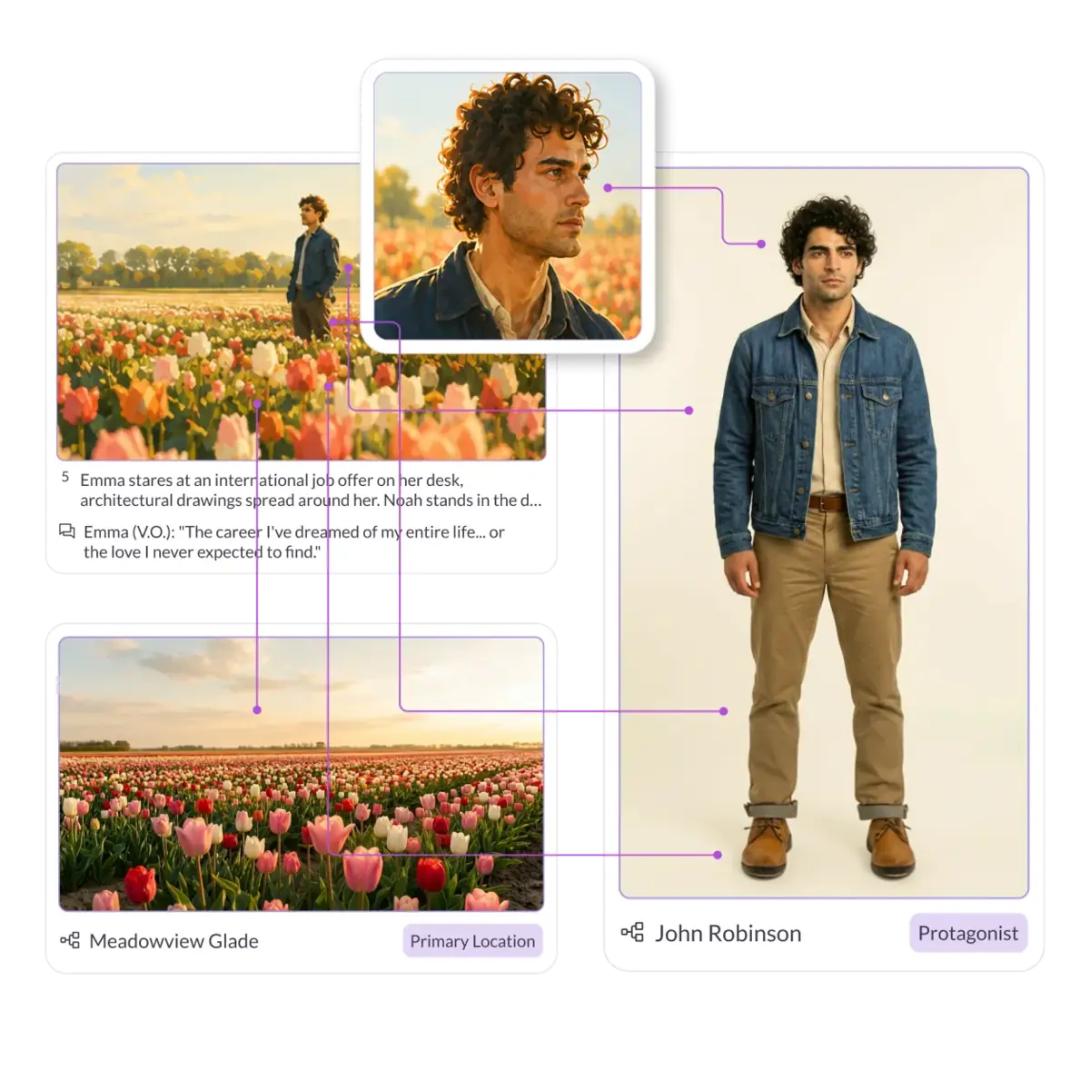 Pzaz reference board maintaining consistent characters and locations across storyboard scenes
