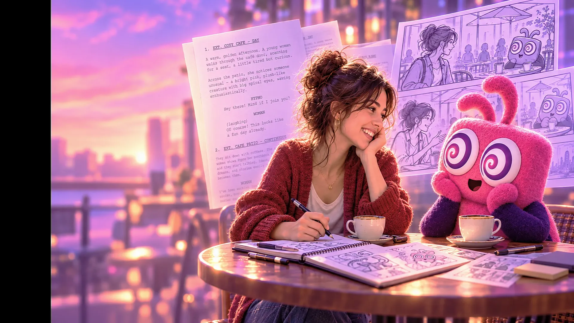 A screenwriter smiling over her script at a neon-lit café table, with storyboard sketches of the same scene and the Pzaz mascot Hypno beside her — from script to storyboard to screen