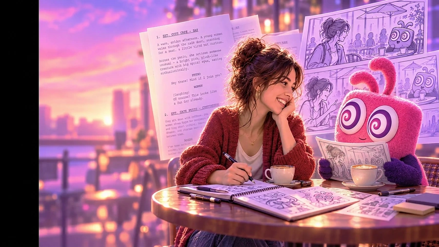 A screenwriter smiling over her script at a neon-lit café table, with storyboard sketches of the same scene and the Pzaz mascot Hypno beside her — from script to storyboard to screen