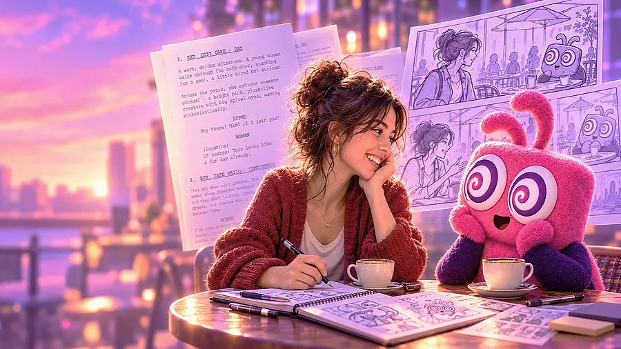 A screenwriter smiling over her script at a neon-lit café table, with storyboard sketches of the same scene and the Pzaz mascot Hypno beside her — from script to storyboard to screen