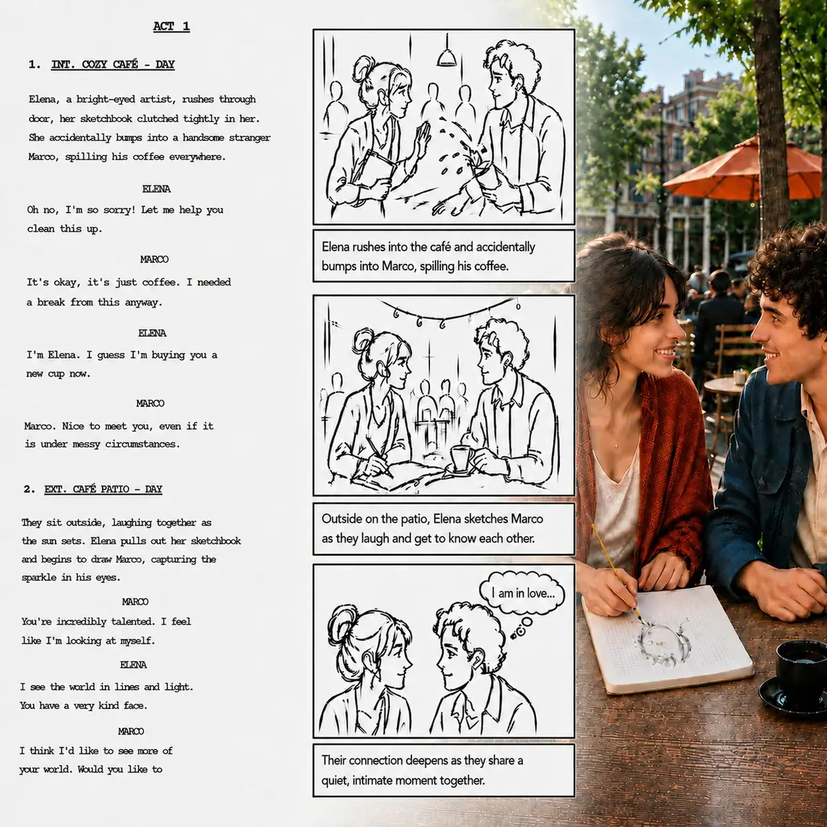 From script to storyboard to screen — Pzaz turns a screenplay into cinematic storyboard panels and live-action visuals side by side