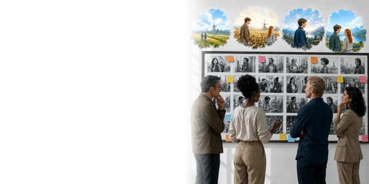 Film crew reviewing the same Pzaz storyboard on set, keeping the whole team aligned on one shared vision