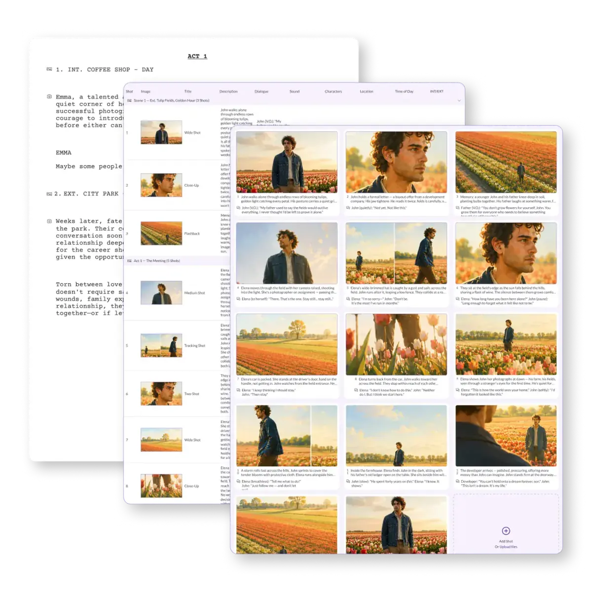 Pzaz shot list linking scene breakdown details to storyboard frames