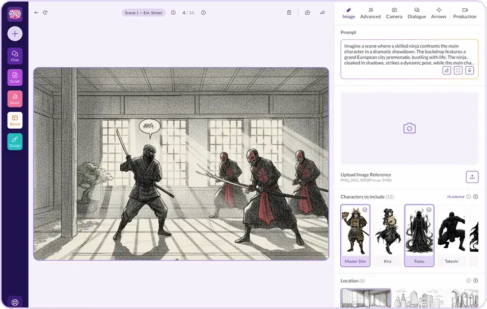 Pzaz storyboard panels maintaining the same characters, costumes, and dojo location across a scene