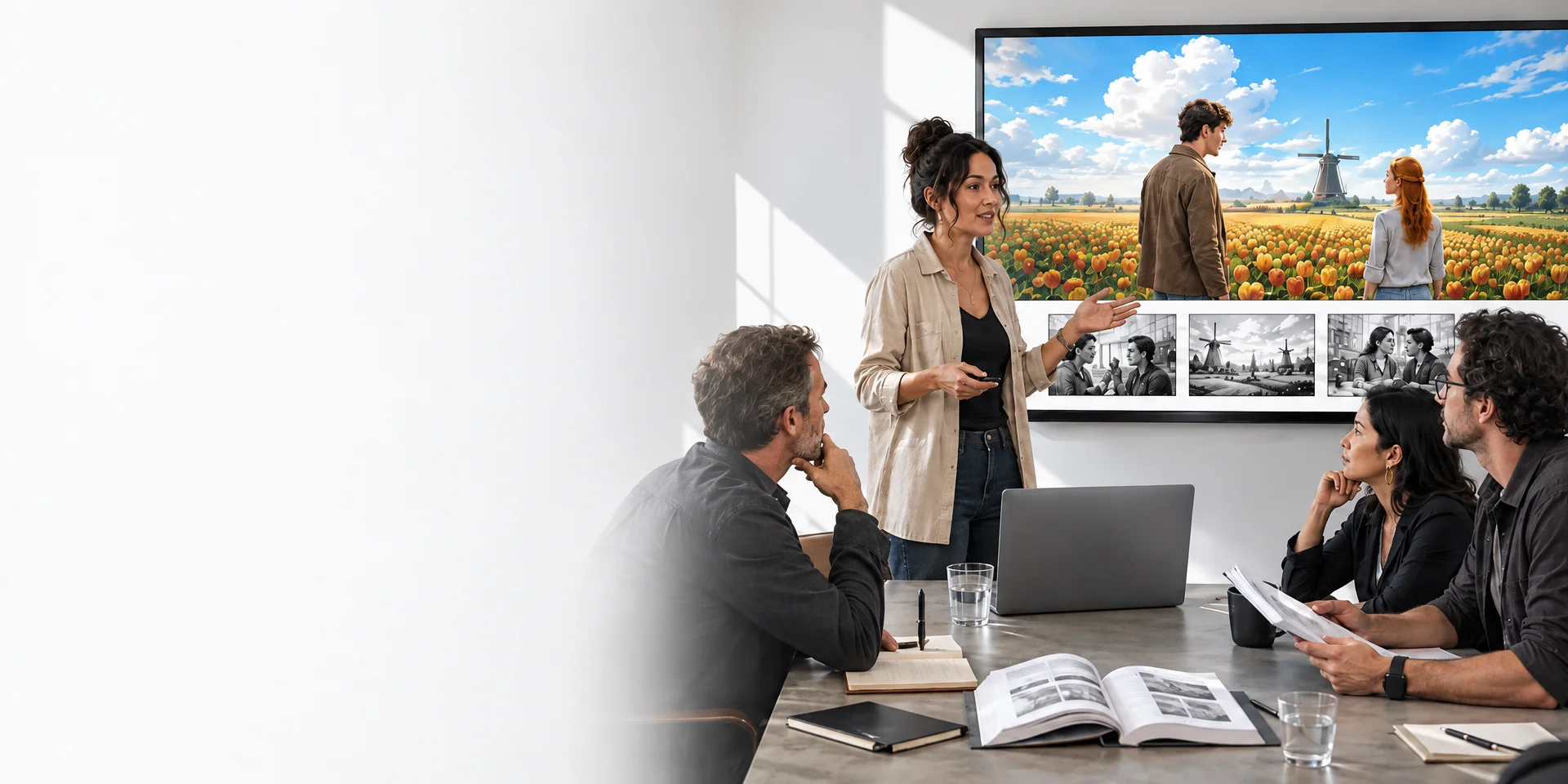 A film producer presents a Pzaz storyboard pitch deck on a meeting-room screen to studio executives and investors, keeping every visual and story update in sync