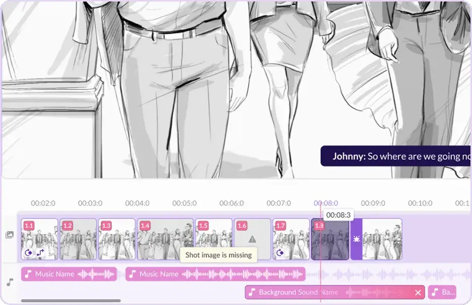 Pzaz animatic preview showing storyboard timing, movement, and scene playback