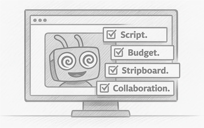 System pop-ups: "Script. ✔️ Budget. ✔️ Stripboard. ✔️ Collaboration. ✔️"