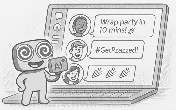 Team in chat window: "Wrap party in 10 mins! 🥳 #GetPzazzed!"