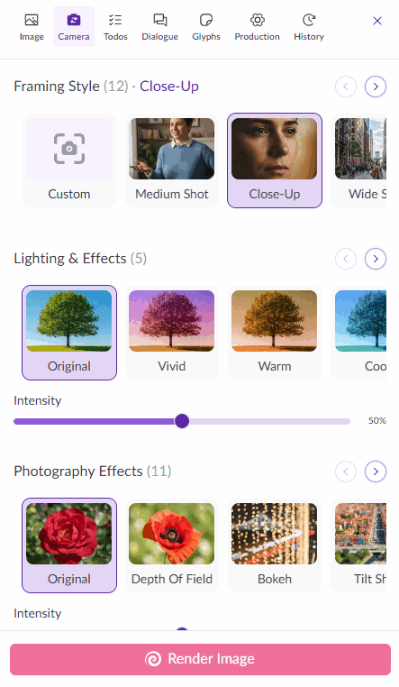 Pzaz storyboard panel with emojis, lighting and effect controls adding reactions and tone to a storyboard frame
