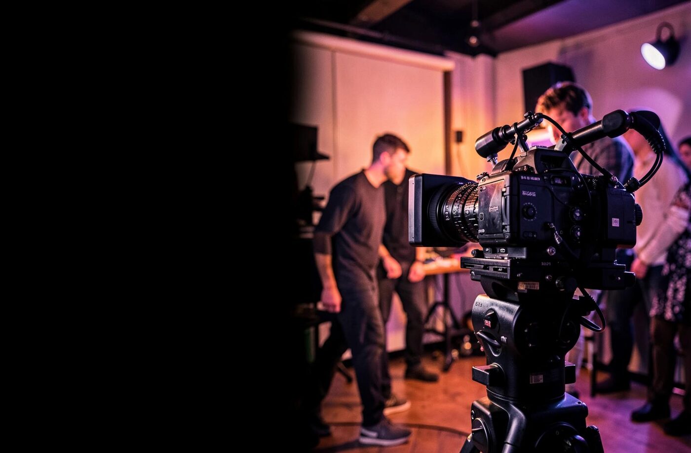 Film crew operating a cinema camera on set while planning shots with Pzaz storyboards