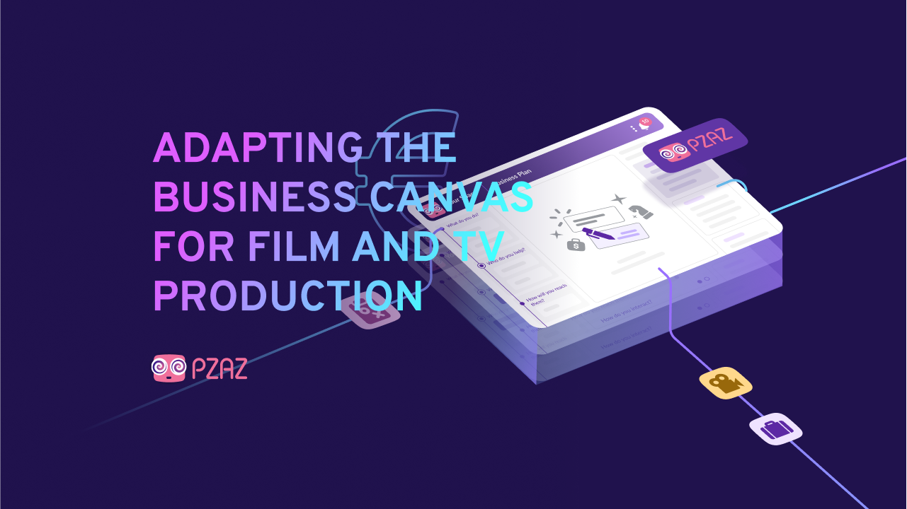 Graphic showcasing 'Adapting the Business Canvas for Film and TV Production' with a digital illustration of a business plan interface, highlighting its application in the film and television industry. The Pzaz logo is also featured.