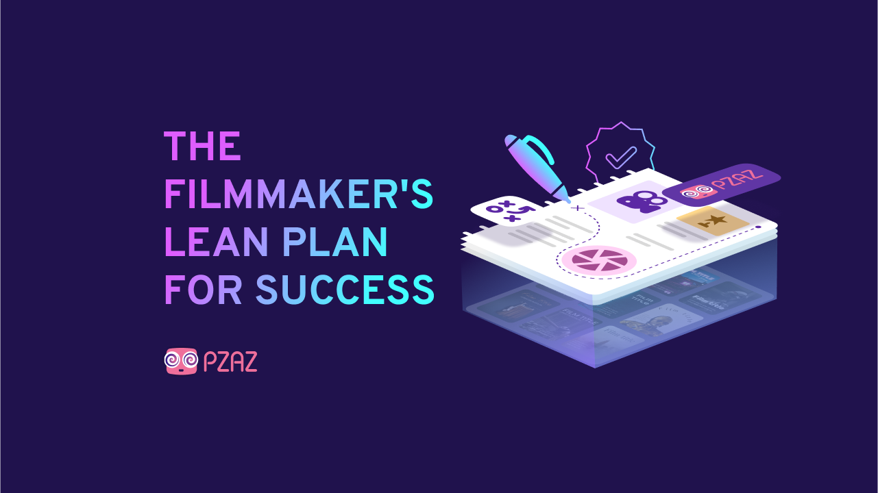 Graphic displaying 'The Filmmaker's Lean Plan for Success' with a digital illustration of a strategic plan layout, pen, and tools, symbolizing a streamlined approach to business planning for filmmakers.