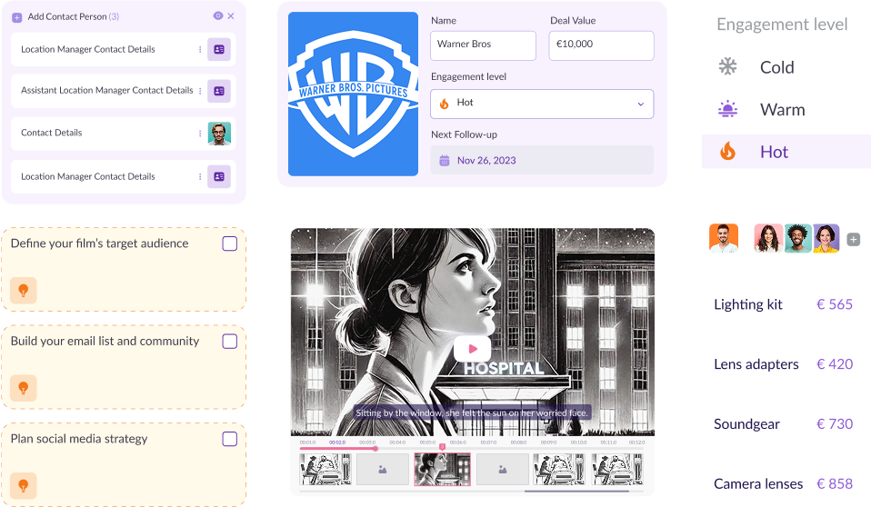Pzaz.io marketing dashboard for filmmakers showing audience development, press and promotion tasks, and social media strategy planning.