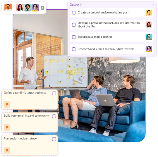 Pzaz.io marketing dashboard for filmmakers showing audience development, press and promotion tasks, and social media strategy planning.