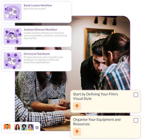 Film directors collaborating while using Pzaz.io to manage workflows, coordinate schedules, and plan creative tasks for production.