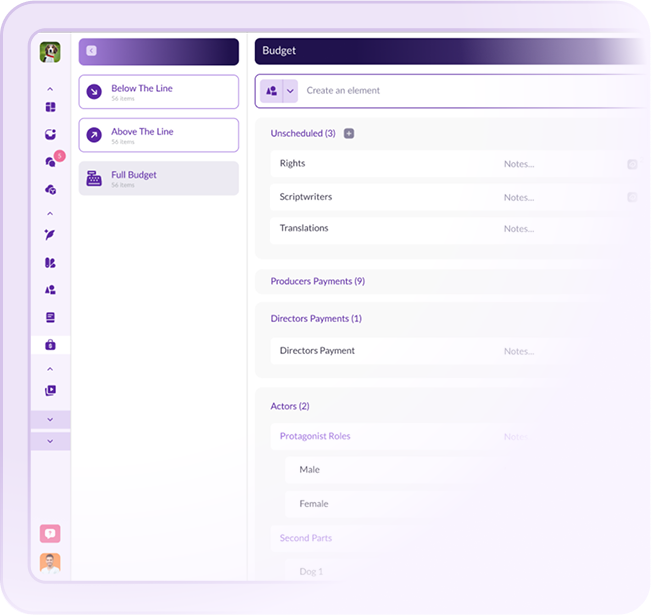 Pzaz.io film budgeting dashboard showing categorized payments for producers, directors, and actors with sections for rights and scriptwriters.