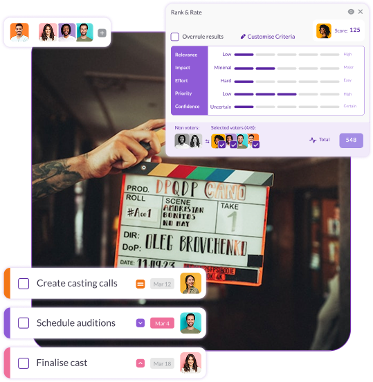 Film crew holding a clapperboard on set beside the Pzaz.io interface showing casting call creation, audition scheduling, and team task management tools.