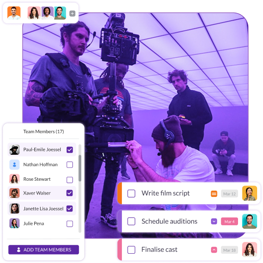 Film crew working on set while using the Pzaz.io platform to assign team members, manage production tasks, and track progress in real time.