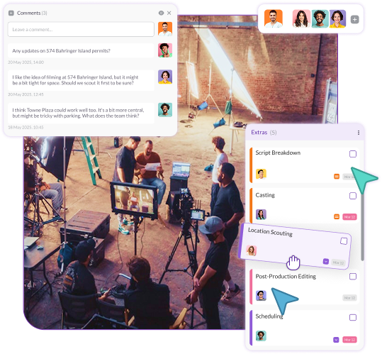 Film crew on set discussing production plans with the Pzaz.io interface showing comments, location scouting, and post-production coordination tools.