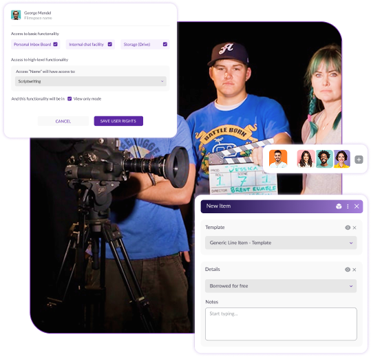 Film crew on set using the Pzaz.io platform to manage user permissions, access rights, and production item details.