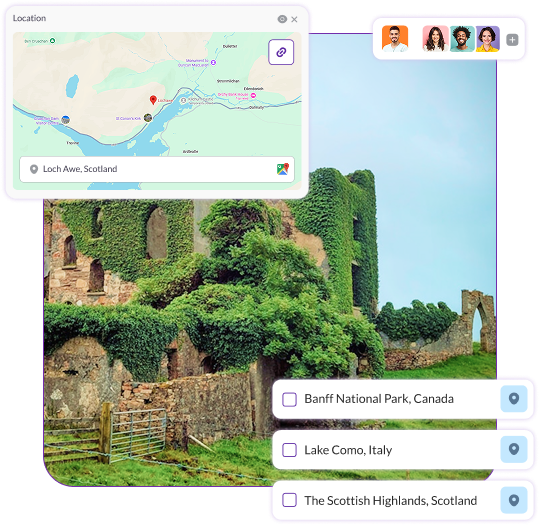 Film location scouting on Pzaz.io showing a map of Loch Awe in Scotland with scenic ruins, along with location options and team collaboration tools.