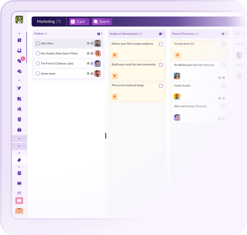 Pzaz.io marketing dashboard for filmmakers showing audience development, press and promotion tasks, and social media strategy planning.