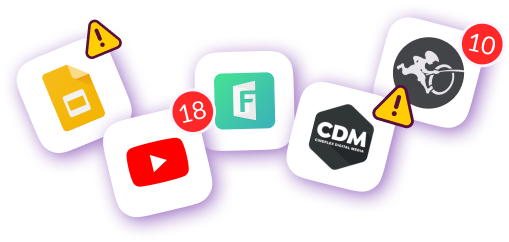 Icons of marketing and creative tools like YouTube, Google Slides, and Frame.io with alert notifications, representing the challenge of managing multiple apps before using Pzaz.io