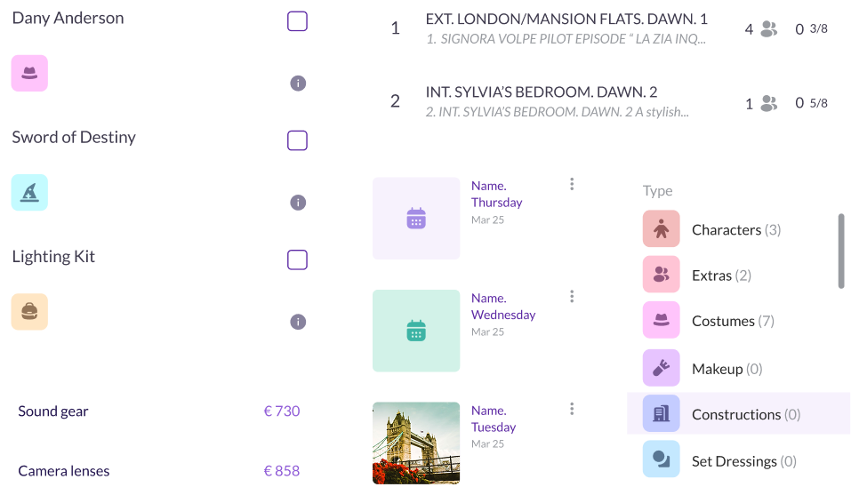Pzaz.io film production interface showing asset management for props, costumes, and equipment alongside scene breakdowns and daily schedules.