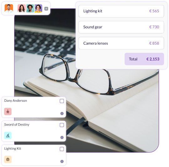 Laptop and notebook with glasses beside the Pzaz.io film production interface showing asset lists, crew collaboration, and budget totals for equipment costs.