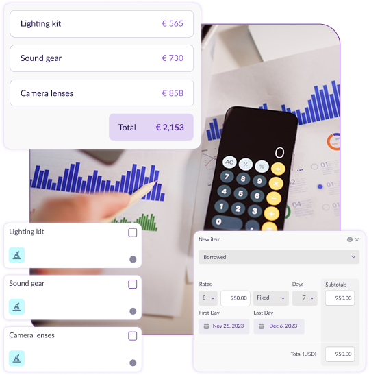 Film production budgeting interface on Pzaz.io showing equipment costs, rental rates, and expense tracking alongside charts and a calculator