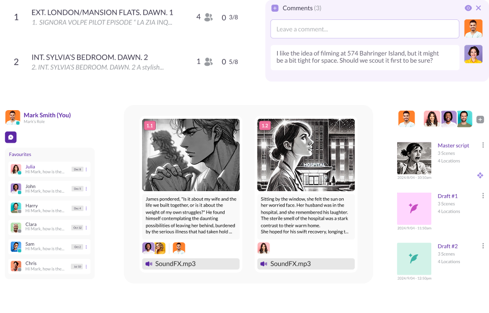 Collaborative film production workspace on Pzaz.io showing a script breakdown, team chat, comments, and visual storyboard panels for creative collaboration.