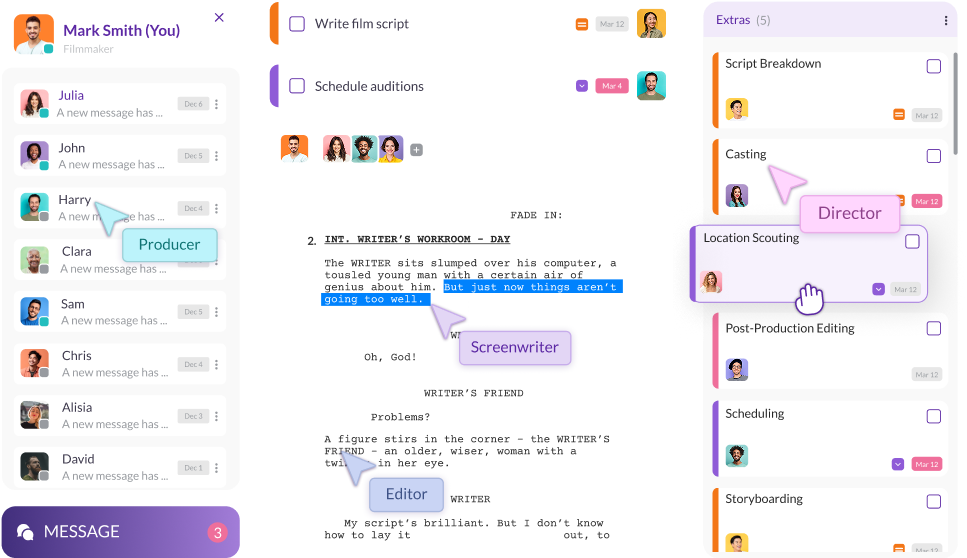 Pzaz.io collaboration interface showing producers, directors, editors, and screenwriters working together on a film script and production tasks.