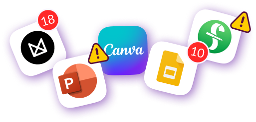 Icons of presentation and design apps with notifications and warning signs, representing the challenges of using multiple tools before switching to Pzaz.io
