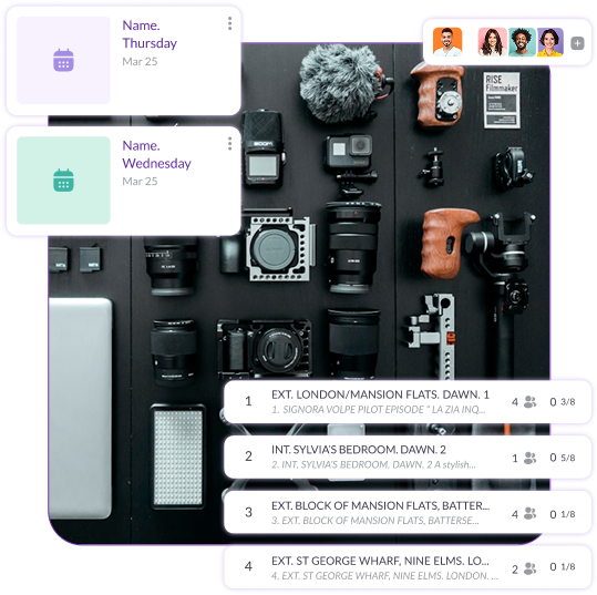 Film production equipment layout with cameras, lenses, and microphones alongside the Pzaz.io scheduling interface for shoot planning and scene organization.