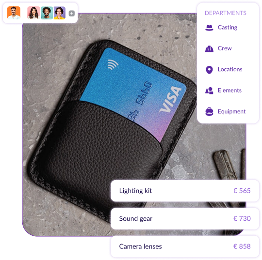 Film production budgeting interface on Pzaz.io showing expenses for lighting, sound gear, and camera lenses alongside a wallet and credit card.