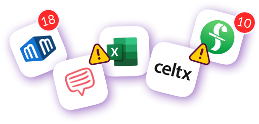 Icons of various film production and spreadsheet apps with alert symbols, showing the challenges of managing multiple disconnected tools before using Pzaz.io