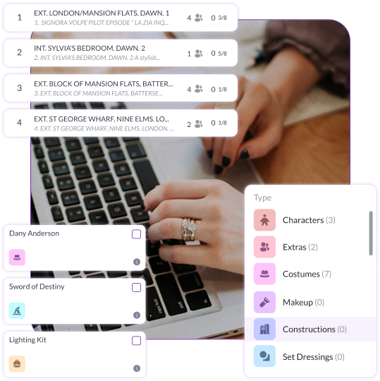 Hands typing on a laptop beside the Pzaz.io film production interface showing scene breakdowns, asset lists, and categorized elements like characters and costumes.