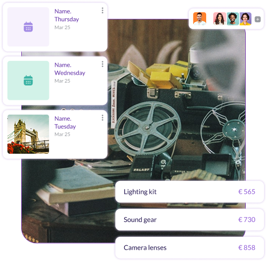 Vintage film reels and production equipment on a desk alongside the Pzaz.io interface showing shooting schedules and equipment cost tracking.