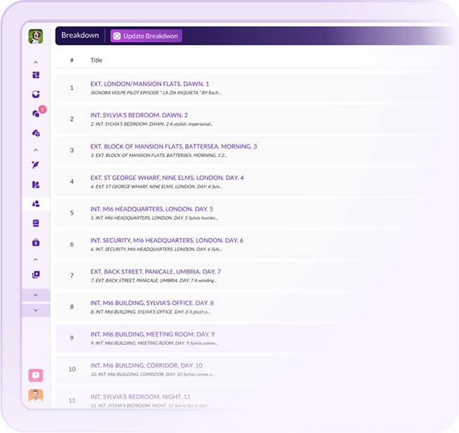 Pzaz.io film production dashboard showing a detailed script breakdown with scene titles, locations, and shoot sequences.