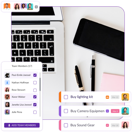 Laptop and workspace setup with the Pzaz.io platform showing team collaboration, equipment purchasing tasks, and crew member assignments.