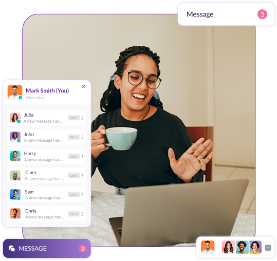Filmmaker chatting online with team members through the Pzaz.io messaging interface to coordinate film production tasks and updates.