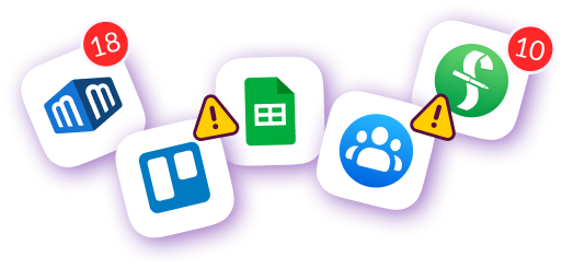 Icons of project management, budgeting, and spreadsheet apps with alert symbols, showing how film teams struggle with using too many disconnected tools before switching to Pzaz.io