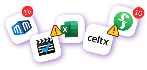Icons of film production, budgeting, and spreadsheet apps with warning signs and notifications, showing the struggle of managing multiple disconnected tools before using Pzaz.io.