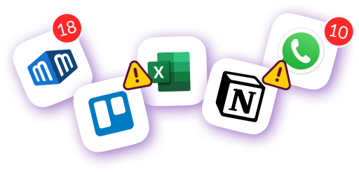 Icons of messaging, project management, and spreadsheet apps with alert symbols, representing creative teams overwhelmed by too many tools before switching to Pzaz.io